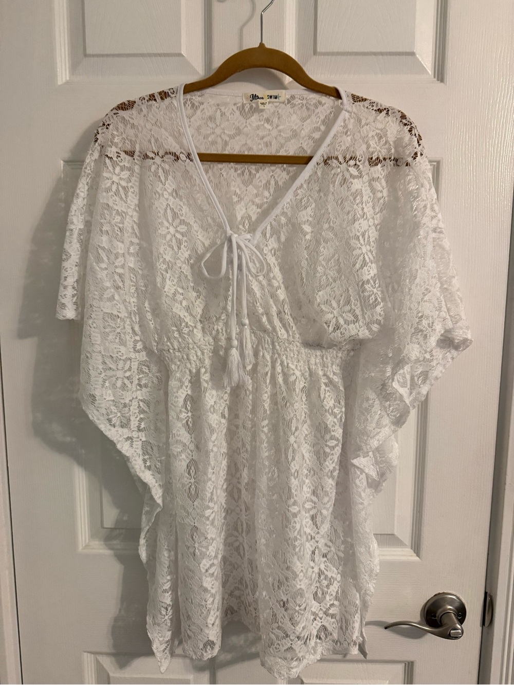 Mitken White Lace Swim Coverup Tunic with Tie Front